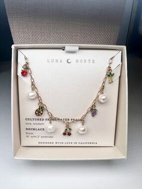 Luna Norte Gold Cultured Pearl Necklace with Multicolor Gem Charms